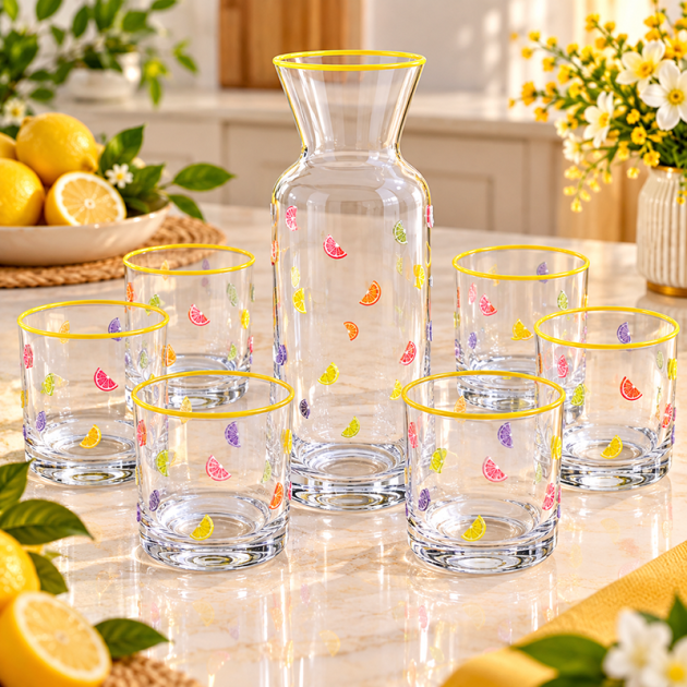 Service à Eau en Verre avec Carafe et 6 Verres – Motifs Agrumes Multicolores