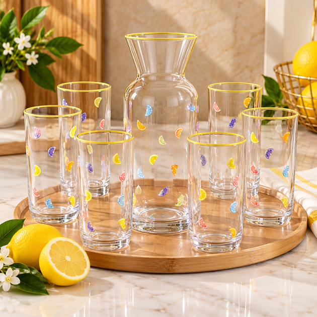 Service à Boisson en Verre avec Carafe et 6 Verres – Bord jaune et Motifs Agrumes