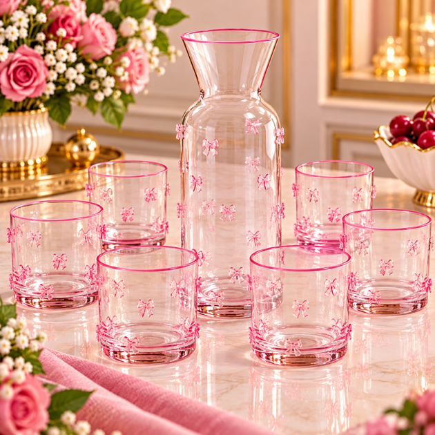 Service à Eau en Verre avec Carafe et 6 Verres – Décoration Nœuds Roses