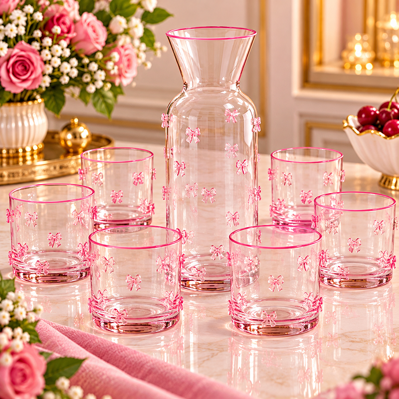 Service à Eau en Verre avec Carafe et 6 Verres – Décoration Nœuds Roses