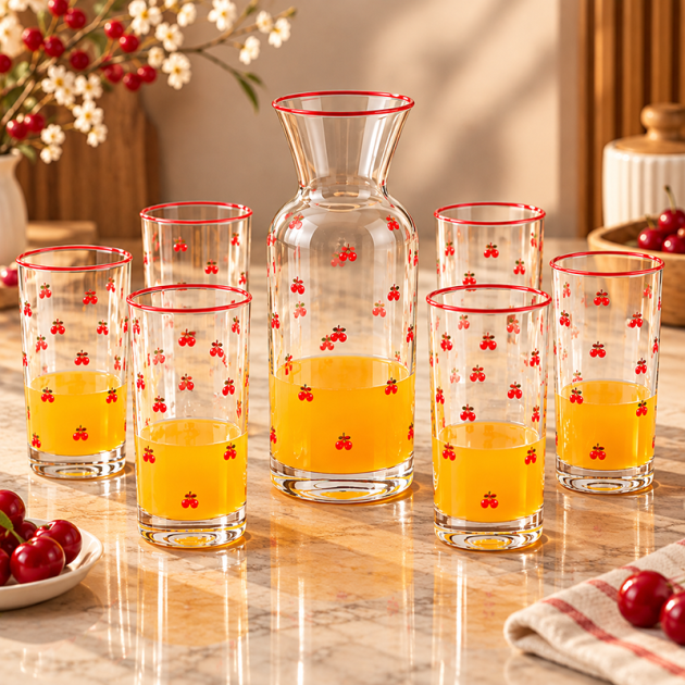 Service à Jus en Verre Décor Cerises – 6 Verres et 1 Carafe