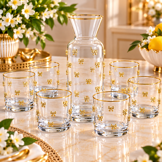 Service à Eau en Verre avec Carafe et 6 Verres – Décoration Nœuds Doré