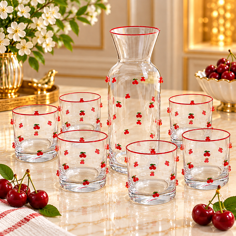 Service à Eau en Verre avec Carafe et 6 Verres – Décoration Cerises Rouges