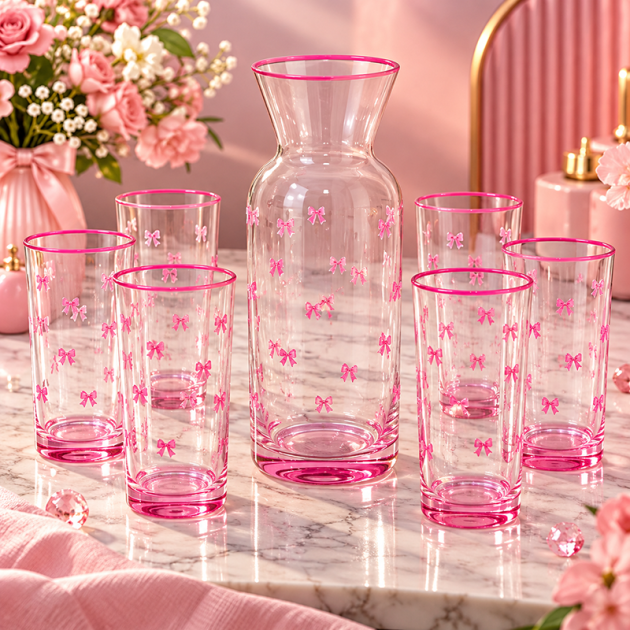 Service à Jus en Verre Transparent Décor Nœuds Roses – 6 Verres et 1 Carafe