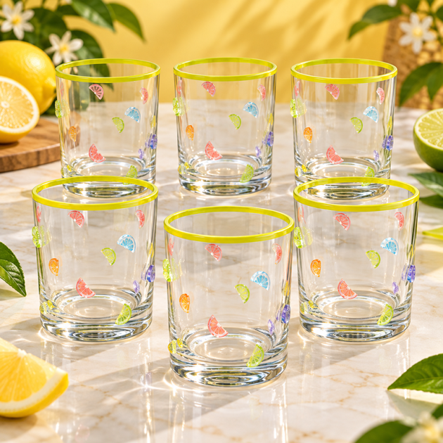 Service de 6 Verres en Verre Transparent avec Bord Jaune et Motifs Fruits Colorés – Glory Home