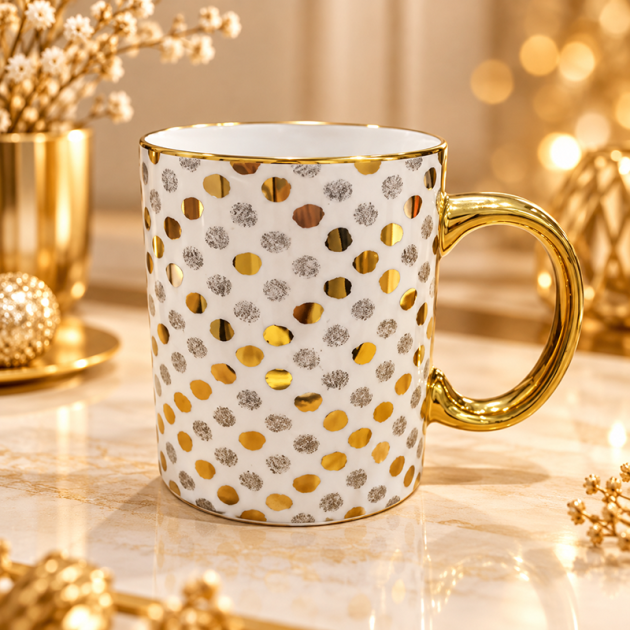 Mug en Céramique Blanc à Pois Dorés et Gris avec Anse Dorée Élégante
