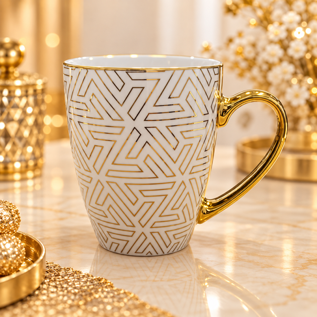 Mug en Céramique Blanc et Doré – Motif Géométrique Élégant avec Anse Dorée