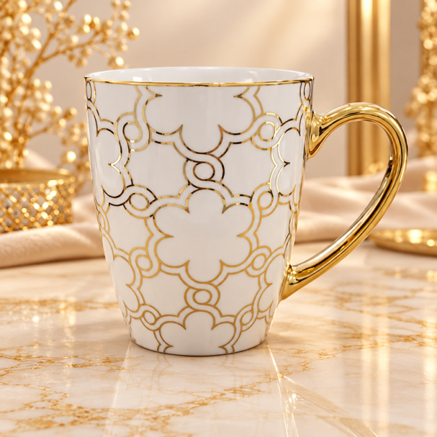 Mug en Céramique Blanc et Doré – Motif Géométrique Élégant avec Anse Dorée