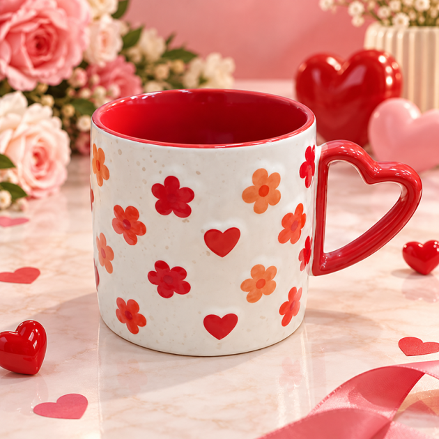 Mug en Céramique Blanc à Motifs Floraux et Anse en Forme de Cœur Rouge ❤️