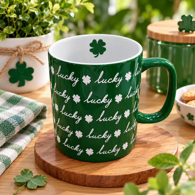 Mug en Céramique Vert « Lucky » avec Motifs Trèfles