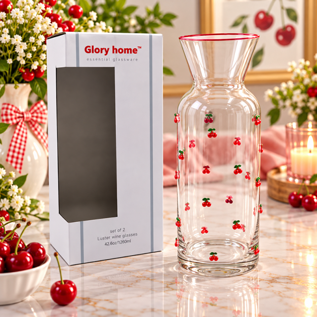Carafe en Verre Transparent avec Motifs Cerises Rouges – Bordure Rouge Élégante | Glory Home