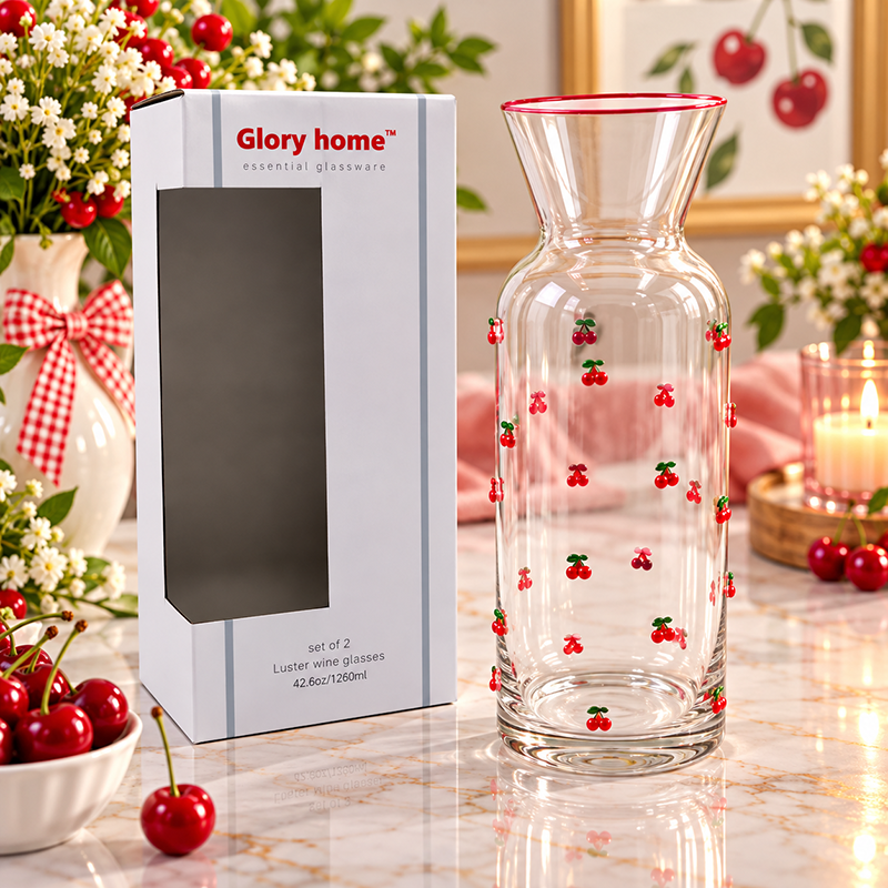 Carafe en Verre Transparent avec Motifs Cerises Rouges – Bordure Rouge Élégante | Glory Home
