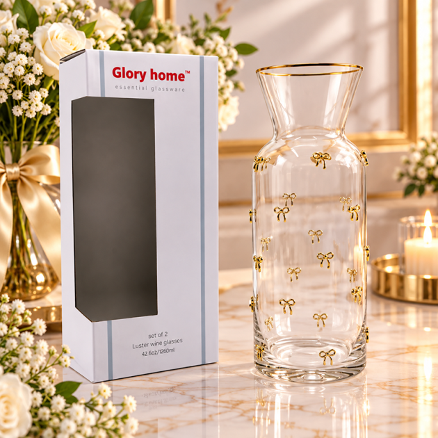 Carafe en Verre Transparent avec Nœuds Dorés – Bordure Dorée Élégante | Glory Home