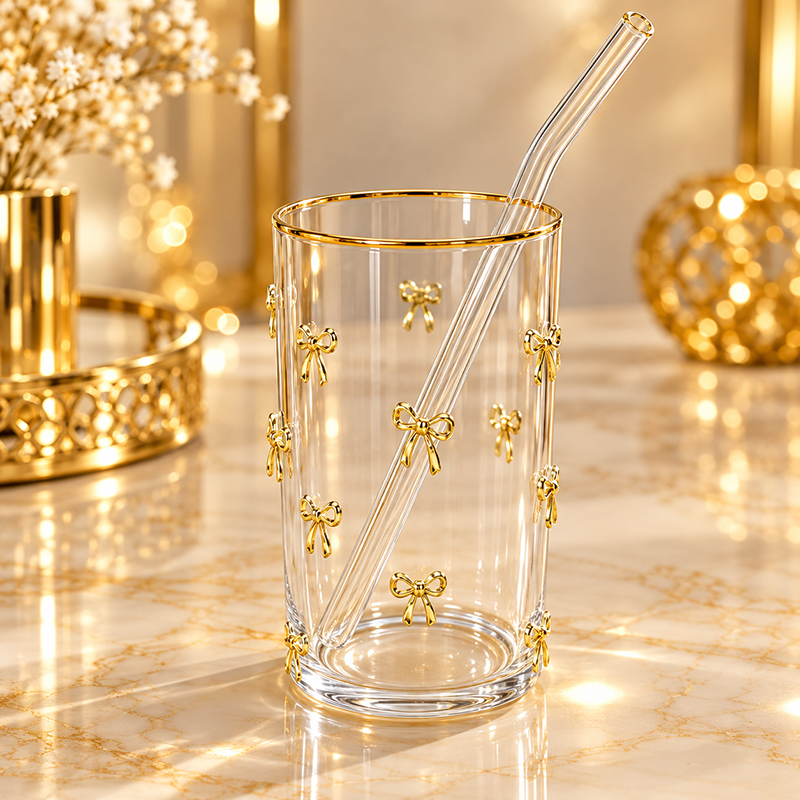 Verre en Cristal Transparent avec Nœuds Dorés et Paille – Glory Home