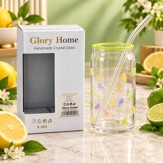 Shop Glory Home avec Paille en Verre et Motifs d’Agrumes Colorés – Bord Vert Citron