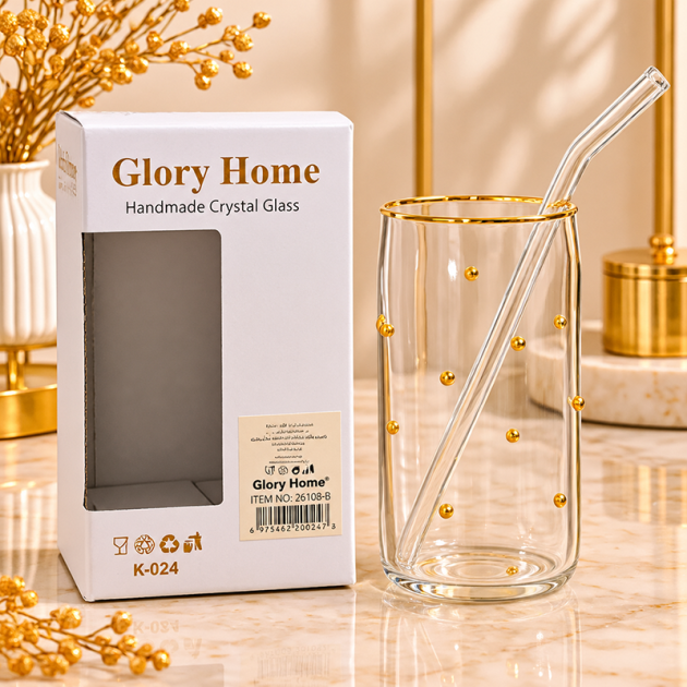 Verre Élégant Glory Home avec Bord Doré, Perles Décoratives et Paille en Verre