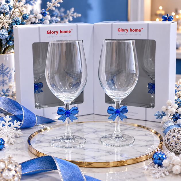 Lot de 2 Verres à Pied Élégants avec Nœuds Bleus – Design Chic et Raffiné