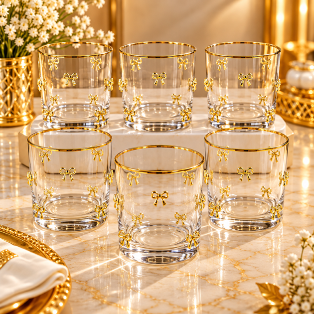 Service de 6 Verres en Verre Transparent avec Nœuds Dorés et Bord Doré – Glory Home