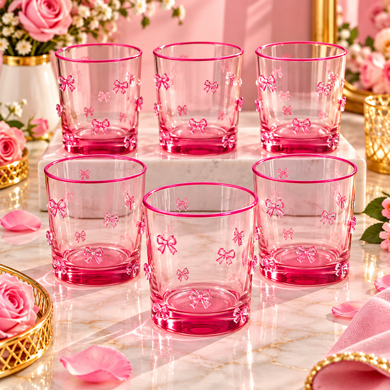 Service de 6 Verres Roses avec Motifs Nœuds Décoratifs – Glory Home